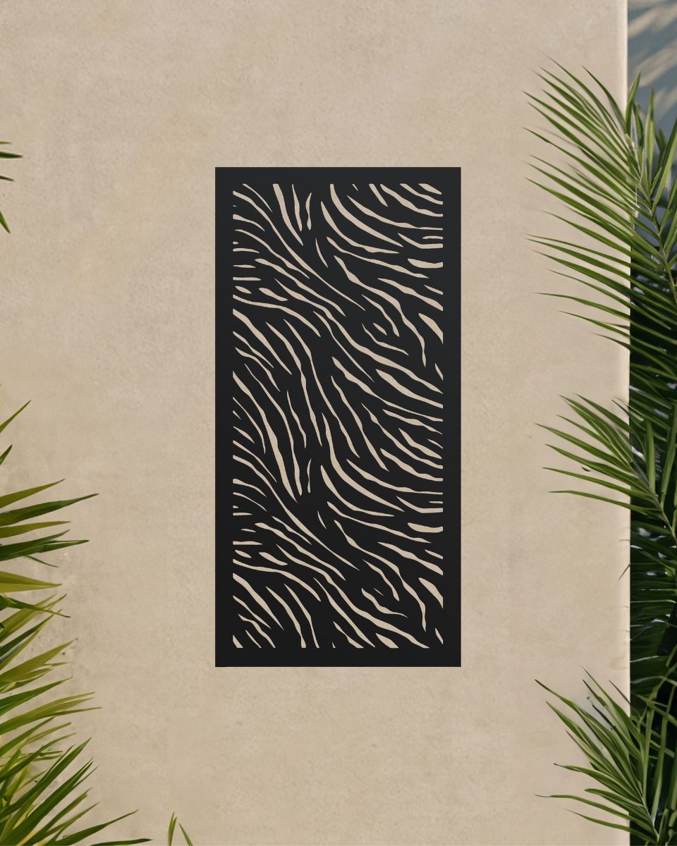 "Black Zebra Print Garden Wall Art" on an outdoor wall