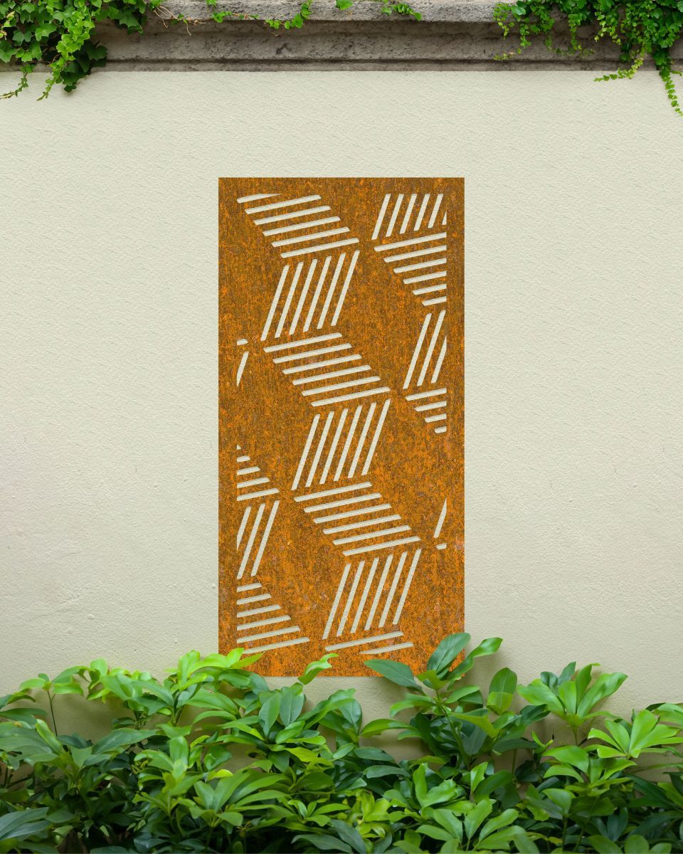 Rustic "Geometric Cube Wall Art" mounted on a cream garden wall surrounded by foliage Rustic "Geometric Cube Wall Art" mounted on a cream garden wall surrounded by foliage