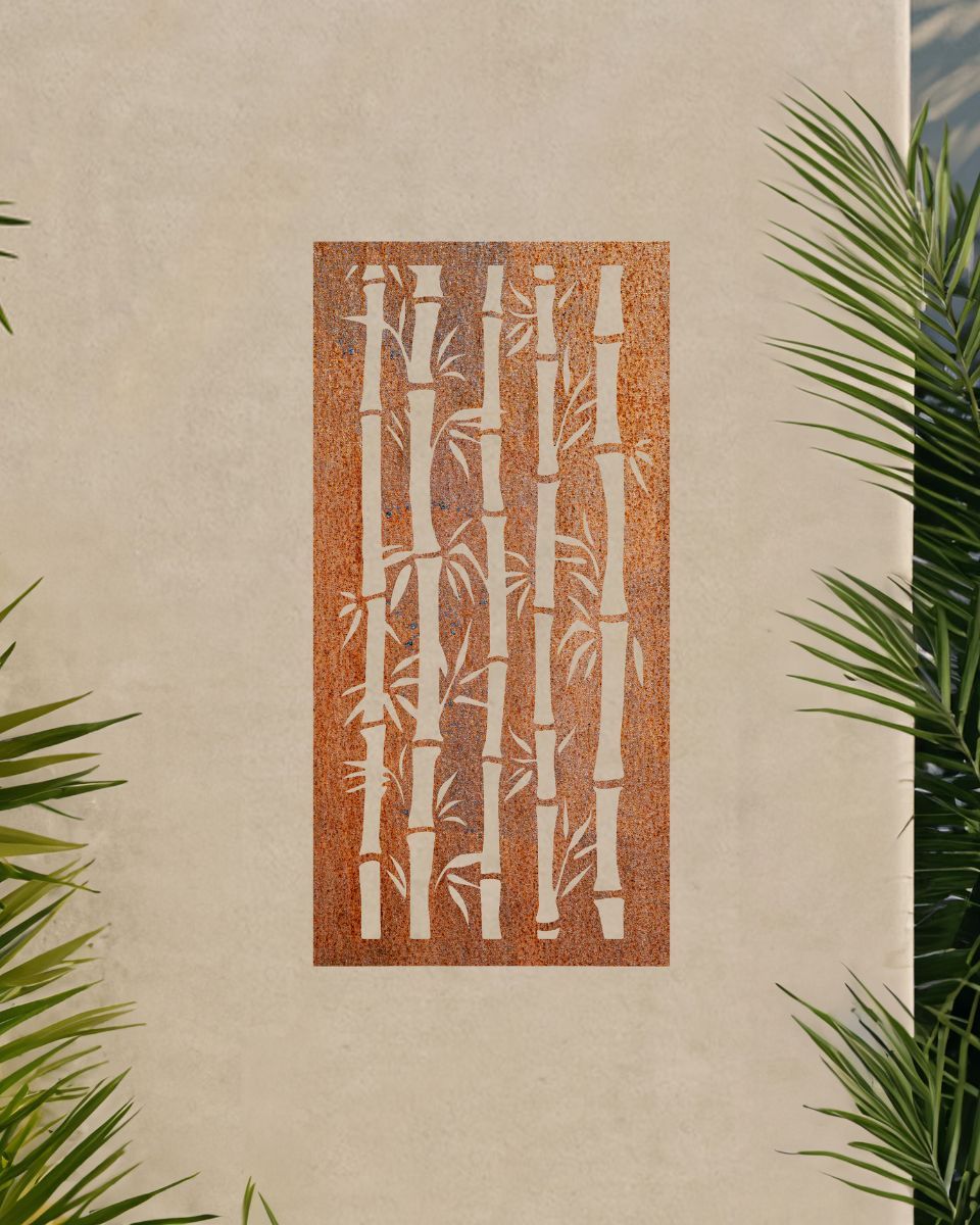 Rust Finish "Bamboo Garden Wall Art" on sn outdoor wall surrounded by palm trees 