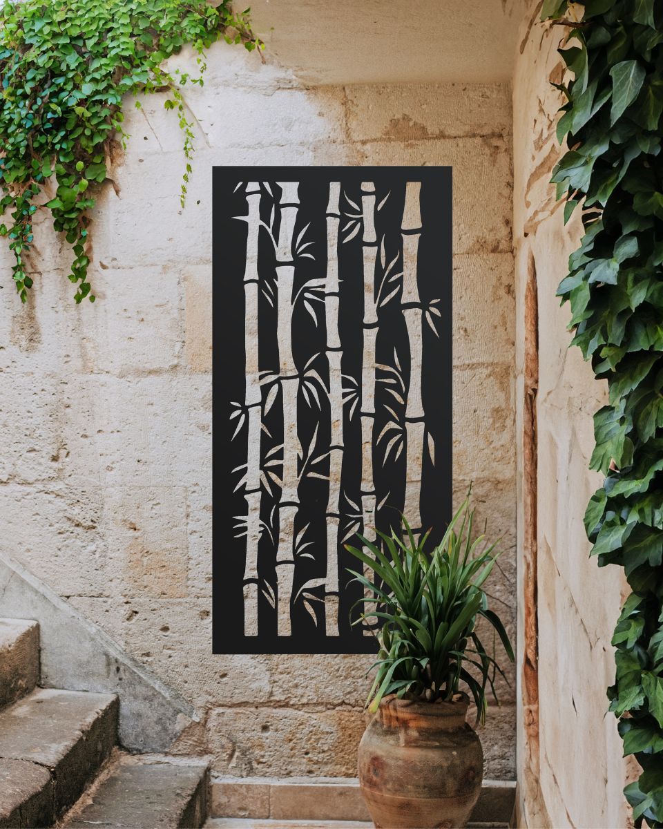 Black "Bamboo Garden Wall Art" on a brick wall next to stairs Black "Bamboo Garden Wall Art" on a brick wall next to stairs