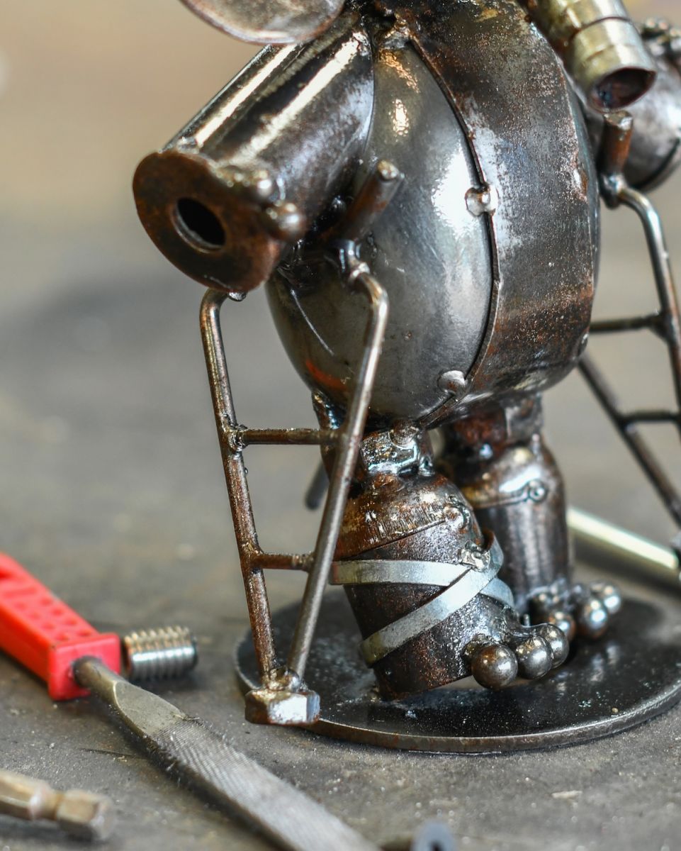 Close up of intricate detail on scrap metal elephant sculpture