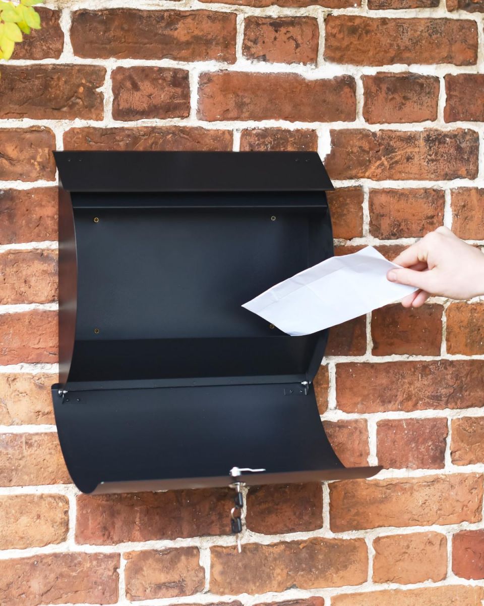 Lockable Front Open & In Use on "Urban Obsession" Black Wall Mounted Post Box 