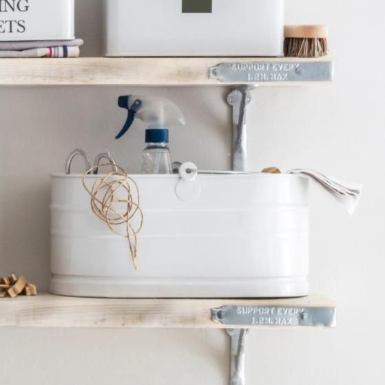 White Utility Bucket with Wooden Handle in Situ