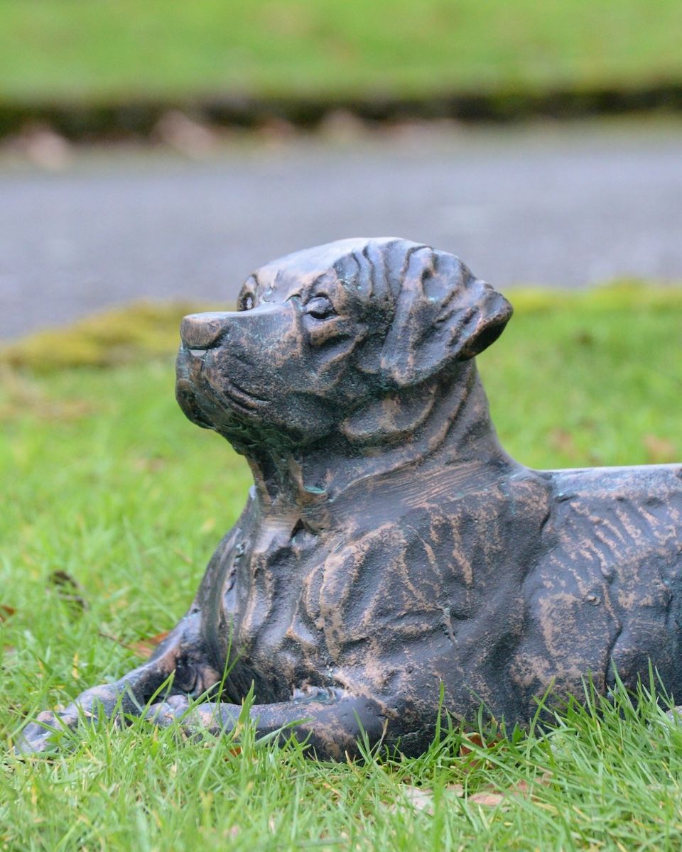 "Barney" the Labrador Cast Iron Garden Sculpture - Verdigris close up of head
