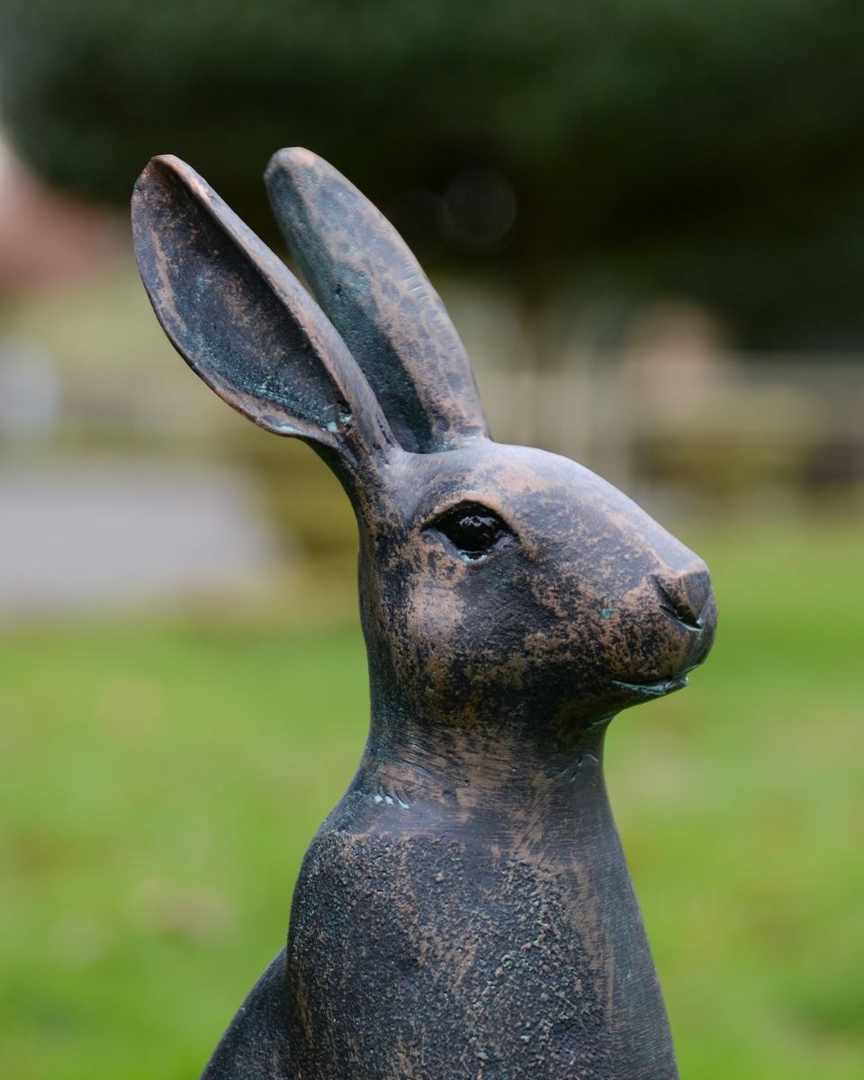 ‘Blossom’ the Cast Aluminium Rabbit Garden Sculpture - Verdigris close up of head