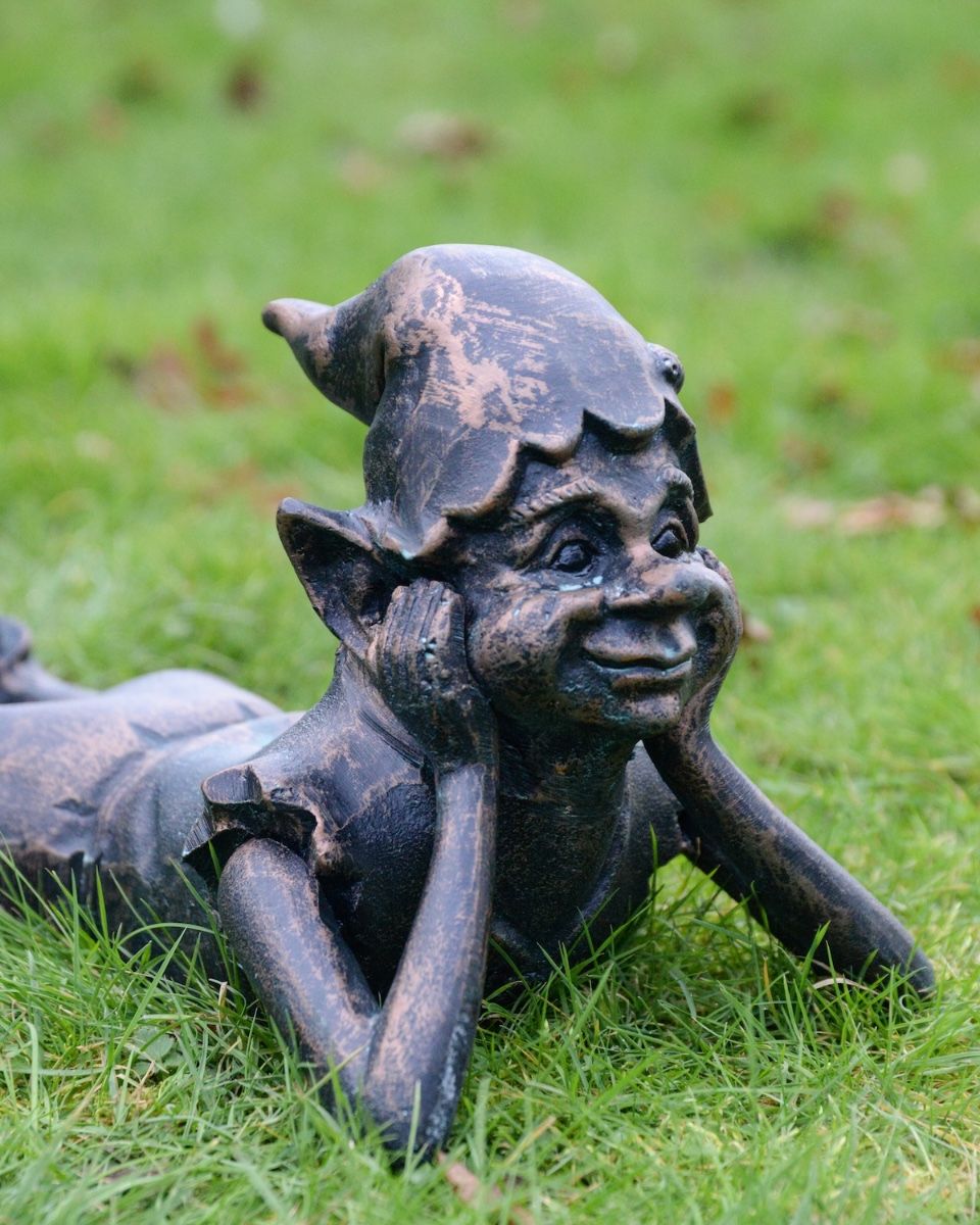 "Reverie" the Pixie Cast Aluminium Garden Sculpture close up of head in verdigris