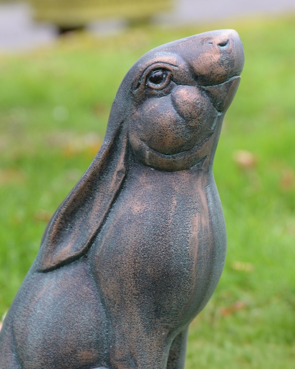‘Meadow’ Cast Aluminium Large Rabbit Looking Up - Verdigris close up of head