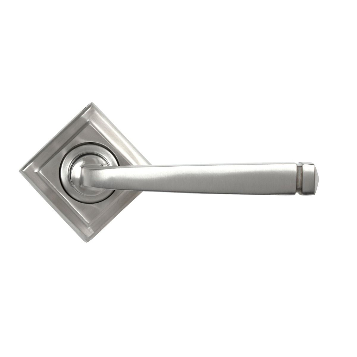 The Valen Tapered Sprung Handle Set on a Square Rose in Satin Stainless Steel Shown with the Square Backplate in a Diamond Orientation
