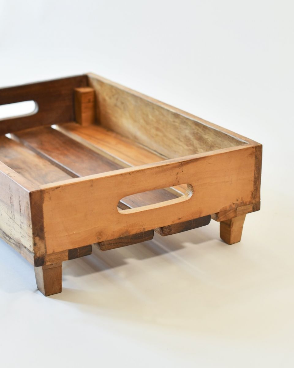 Close up of handle detail on recycled wood kitchen trays