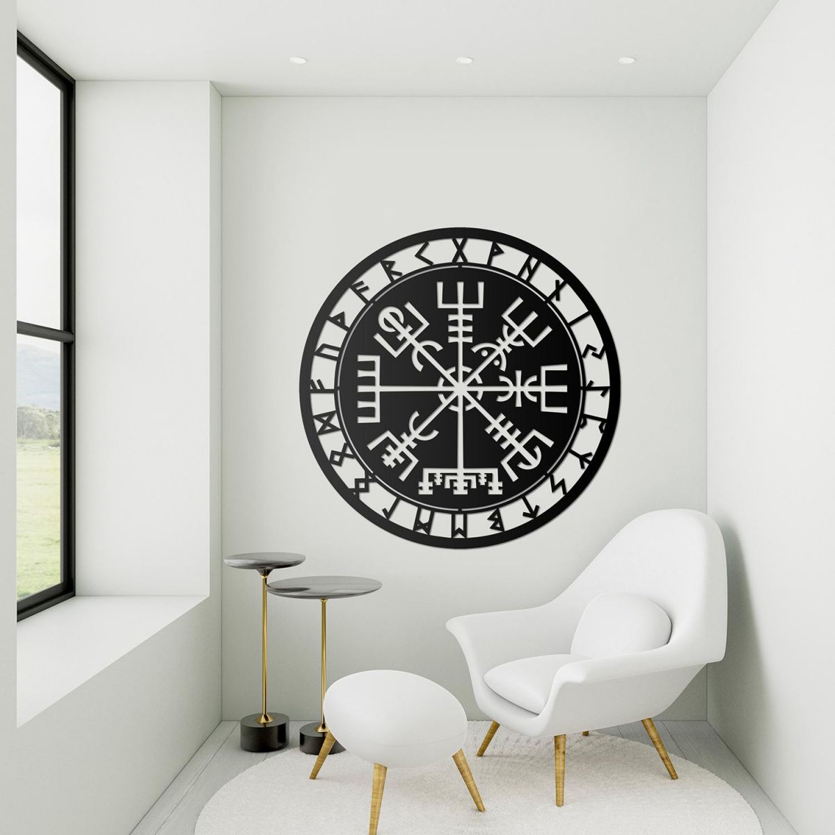 "Vegvisir" Viking Compass Wall Art in a Modern Sitting Room "Vegvisir" Viking Compass Wall Art in a Modern Sitting Room