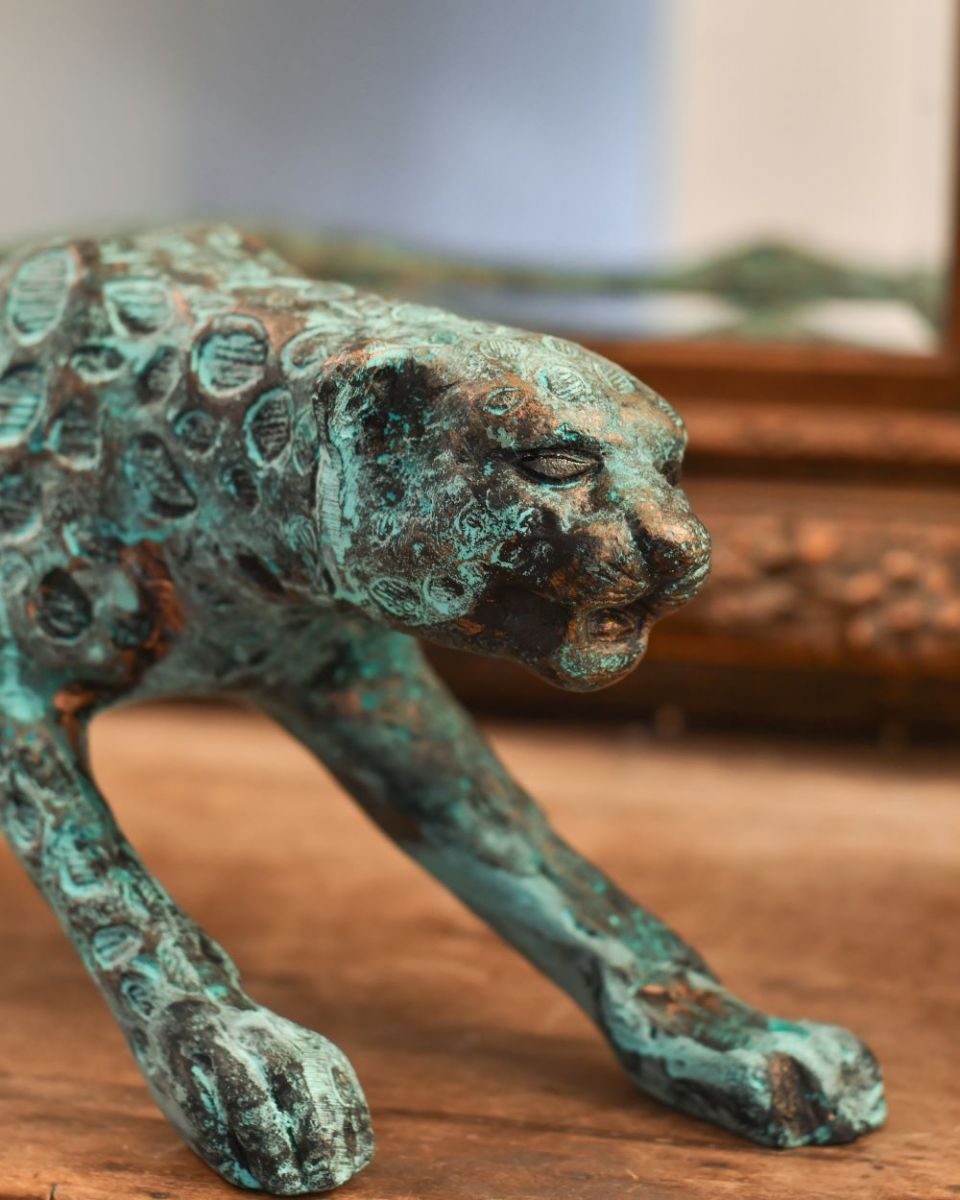 Close up of verdigris leopard head