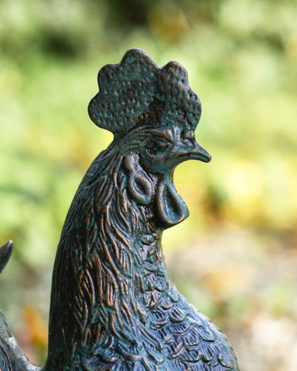 Close up of Verdigris rooster"s head