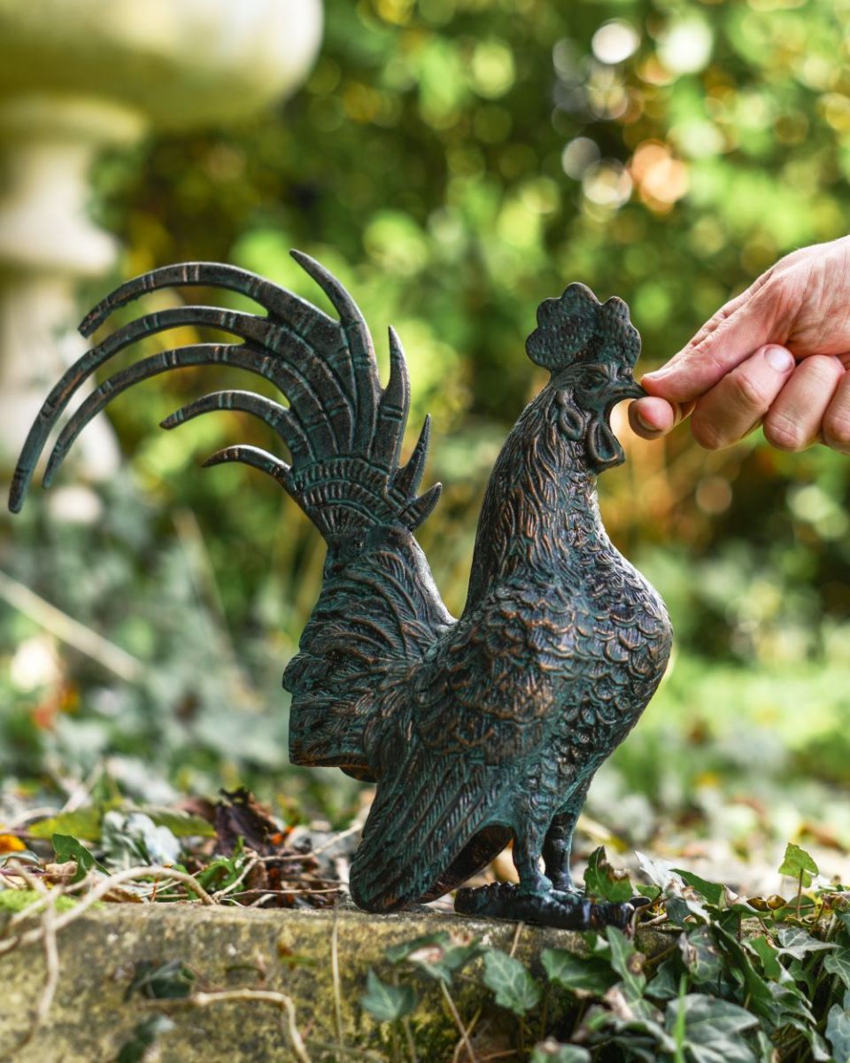 Scale image of Verdigris Rooster Sculpture