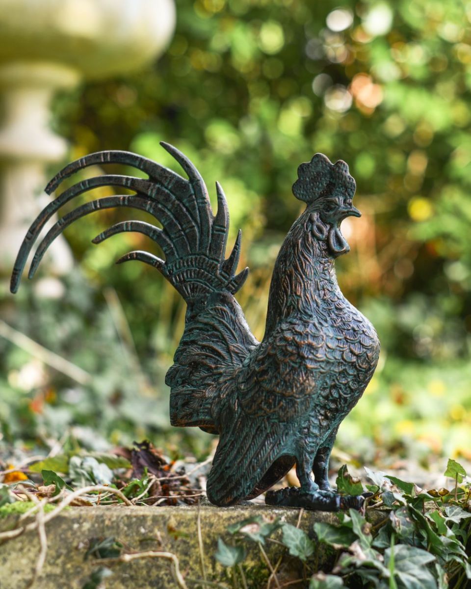 Side view of Verdigris Rooster Sculpture