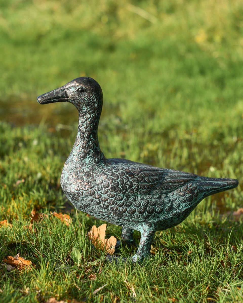 Verdigris Standing Duck Sculpture Side View  Verdigris Standing Duck Sculpture Side View