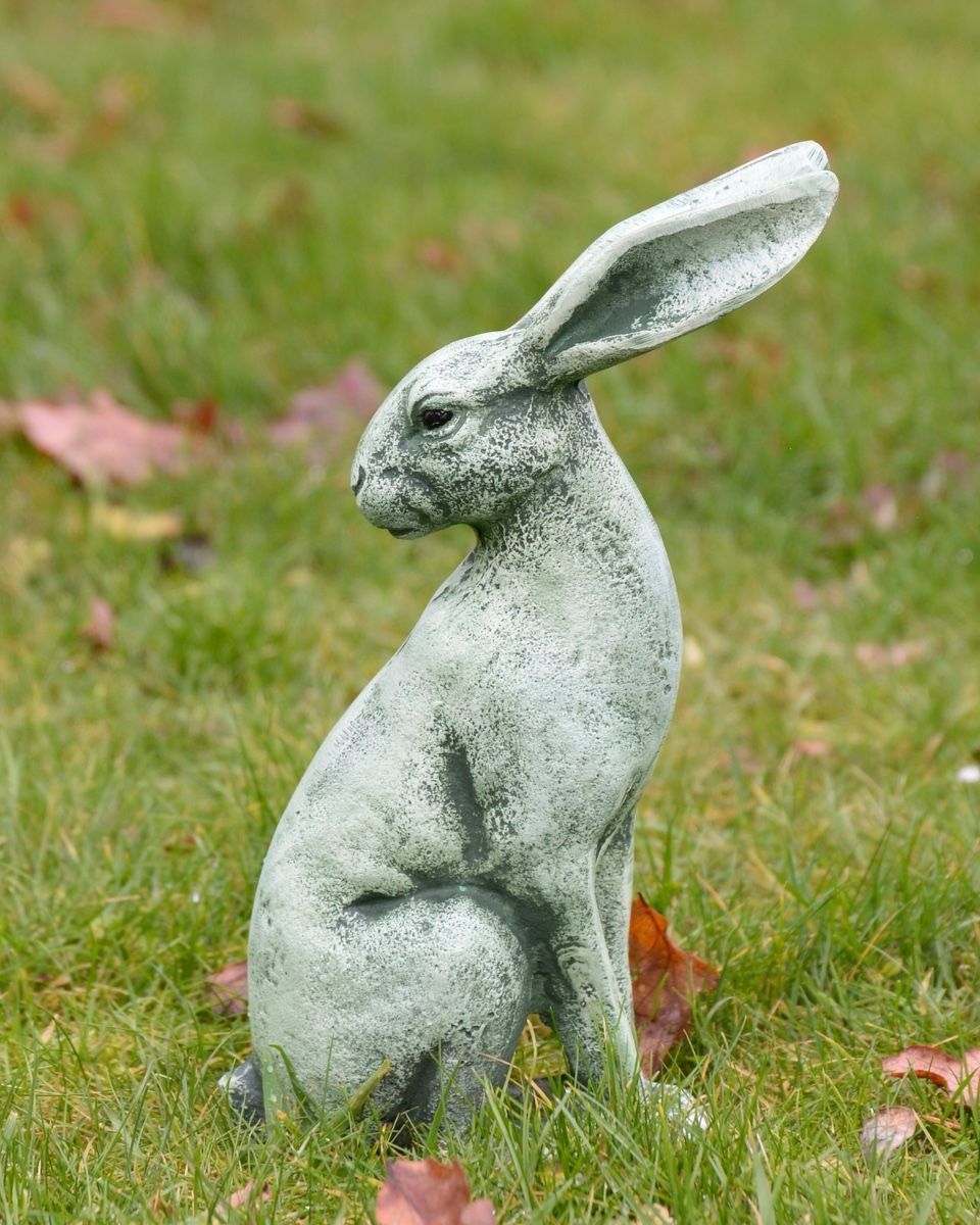 Verdant Watchers Pair of Sitting Rabbit Garden Sculpture Cast Aluminium - ears down sculpture on their own