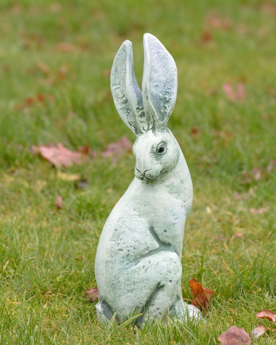 Verdant Watchers Pair of Sitting Rabbit Garden Sculpture Cast Aluminium - ears up sculpture on their own