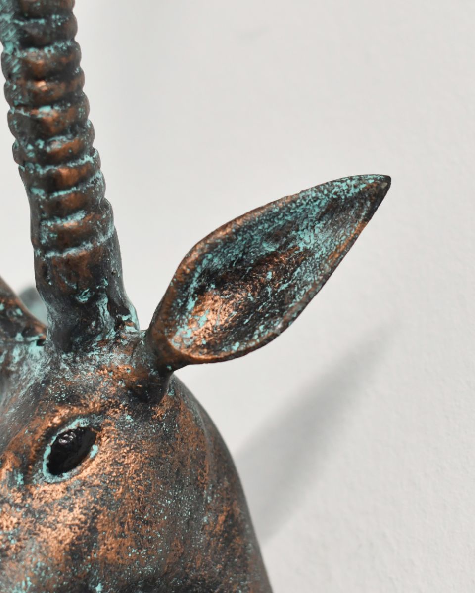 Close Up Of The Verdigris Cast Aluminium Antelope Wall Bust