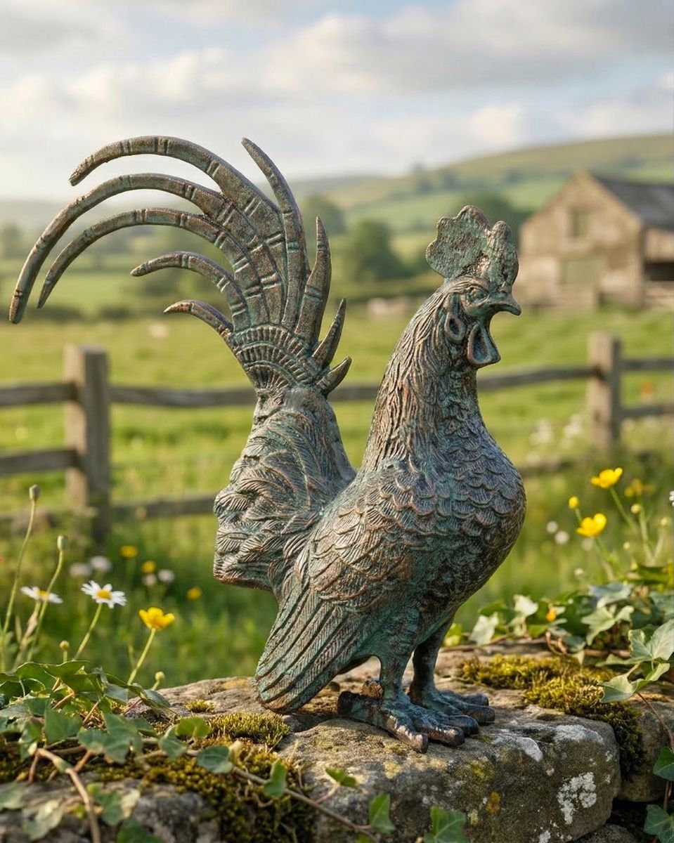 Verdigris Cast Aluminium Rooster Sculpture ai illustration