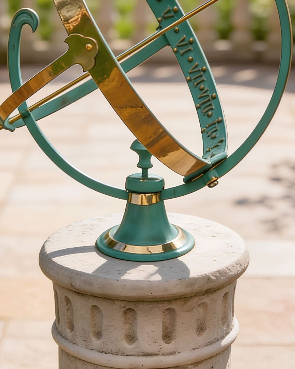 Verdigris Finish on a Circular Plinth Overlooking a Heritage Garden Showing a Close up of the Base - Digital Illustration