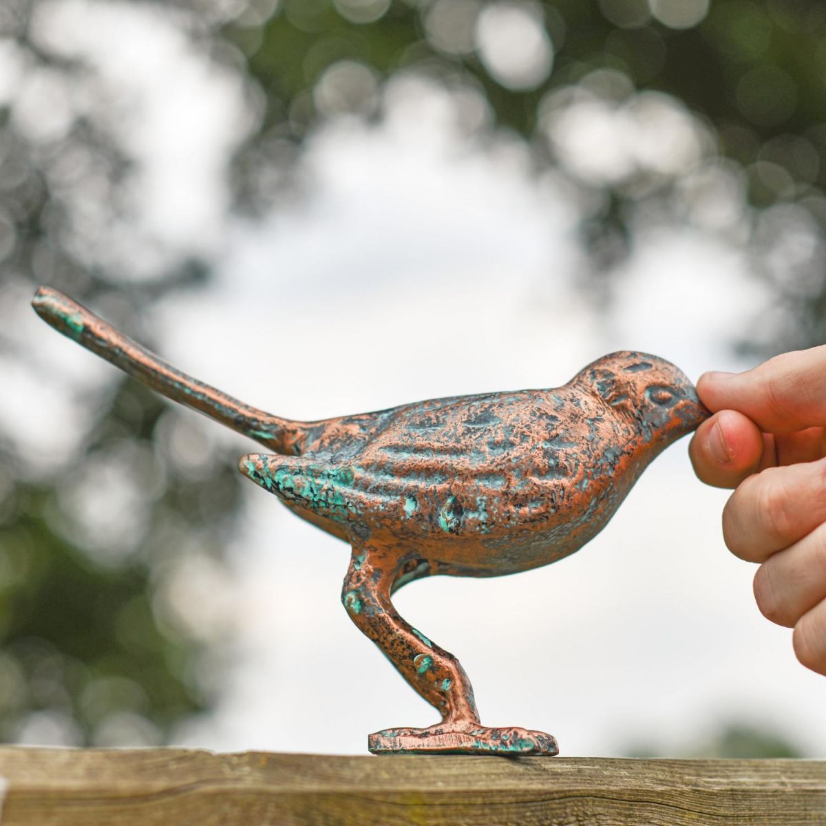 Scale Shot of Verdigris Finished "Alary" Freestanding Bird Sculpture Scale Shot of Verdigris Finished "Alary" Freestanding Bird Sculpture