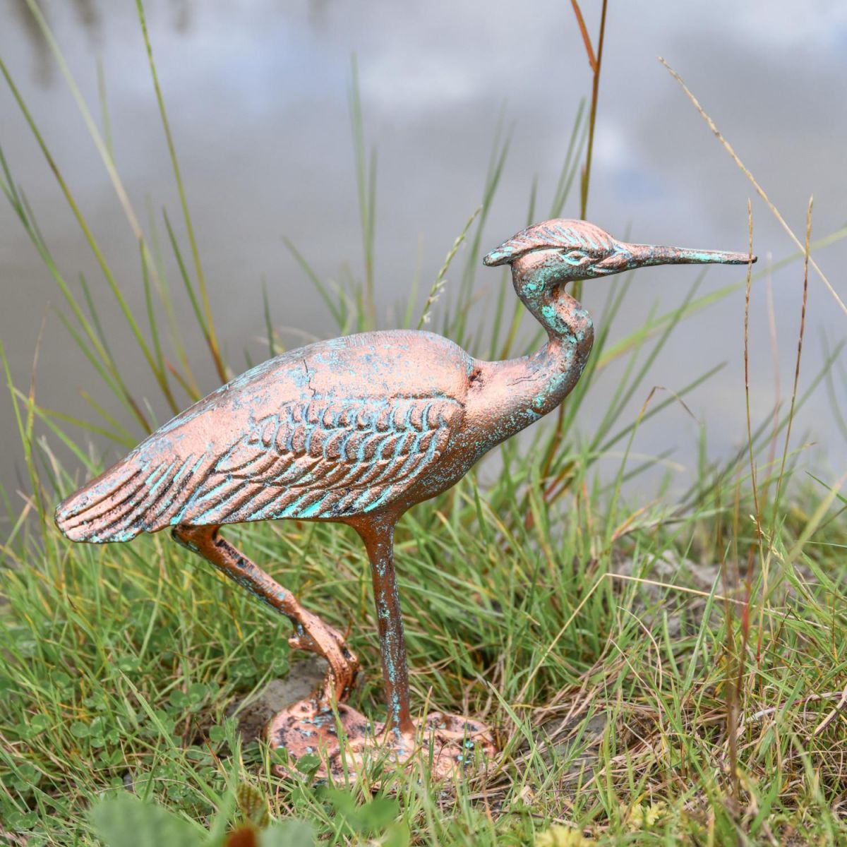 Verdigris Finished "Grus-Grus" Freestanding Crane Sculpture near Water Verdigris Finished "Grus-Grus" Freestanding Crane Sculpture near Water