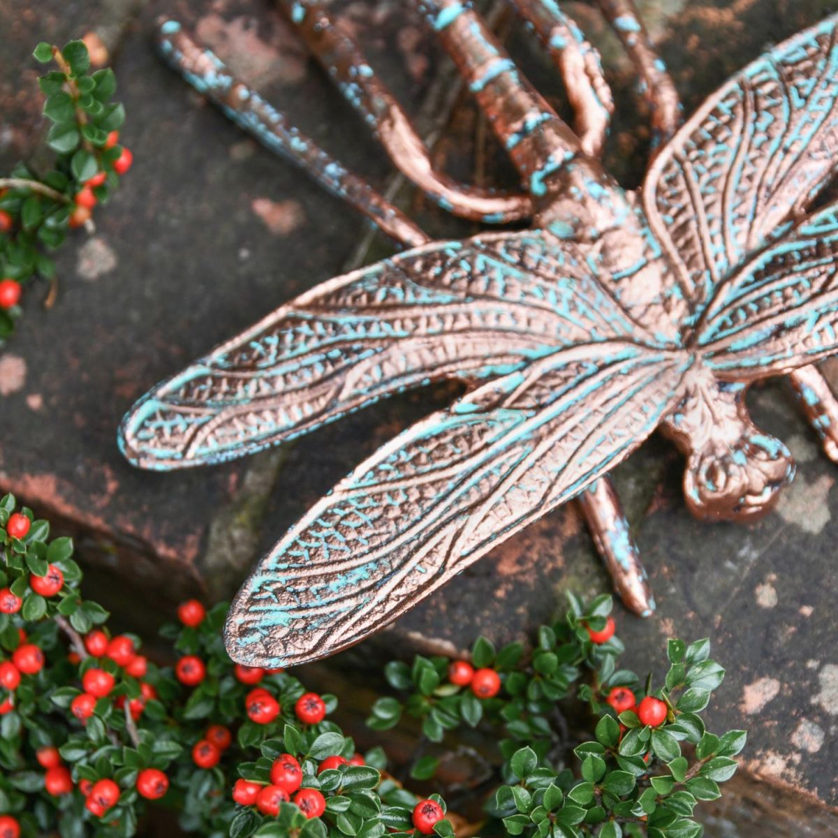 Close-Up of Aged Verdigris Finish & Wing Detail on Verdigris Finished "Prehistoric" Dragonfly Garden Sculpture Close-Up of Aged Verdigris Finish & Wing Detail on Verdigris Finished "Prehistoric" Dragonfly Garden Sculpture
