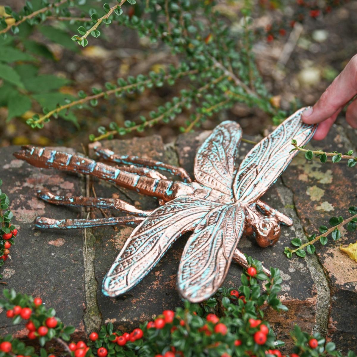Scale Shot of Verdigris Finished "Prehistoric" Dragonfly Garden Sculpture Scale Shot of Verdigris Finished "Prehistoric" Dragonfly Garden Sculpture