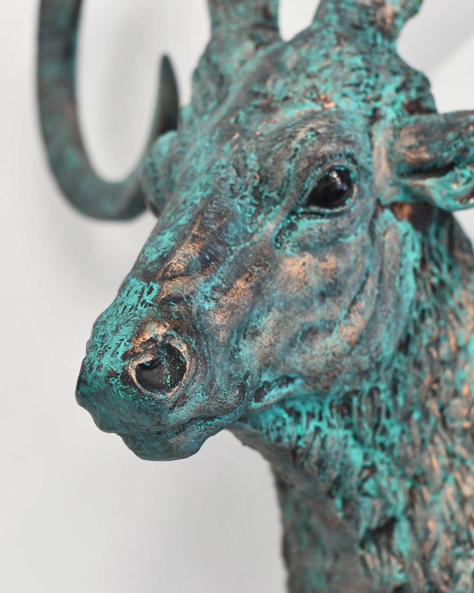 Close-up of the Verdigris Finish on the Mouflon Wall Bust
