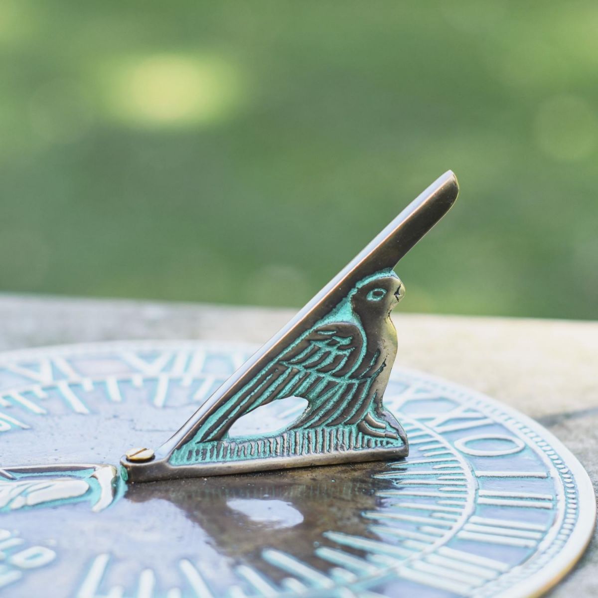 Close-Up of Verdigris Gnomon on Old Father Time Sundial