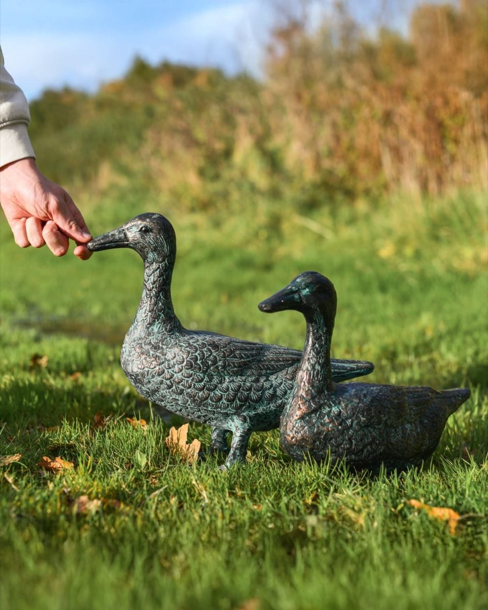 Verdigris Pair of Cast Aluminium Sitting & Standing Ducks Together with Hand in Shot for Scale
