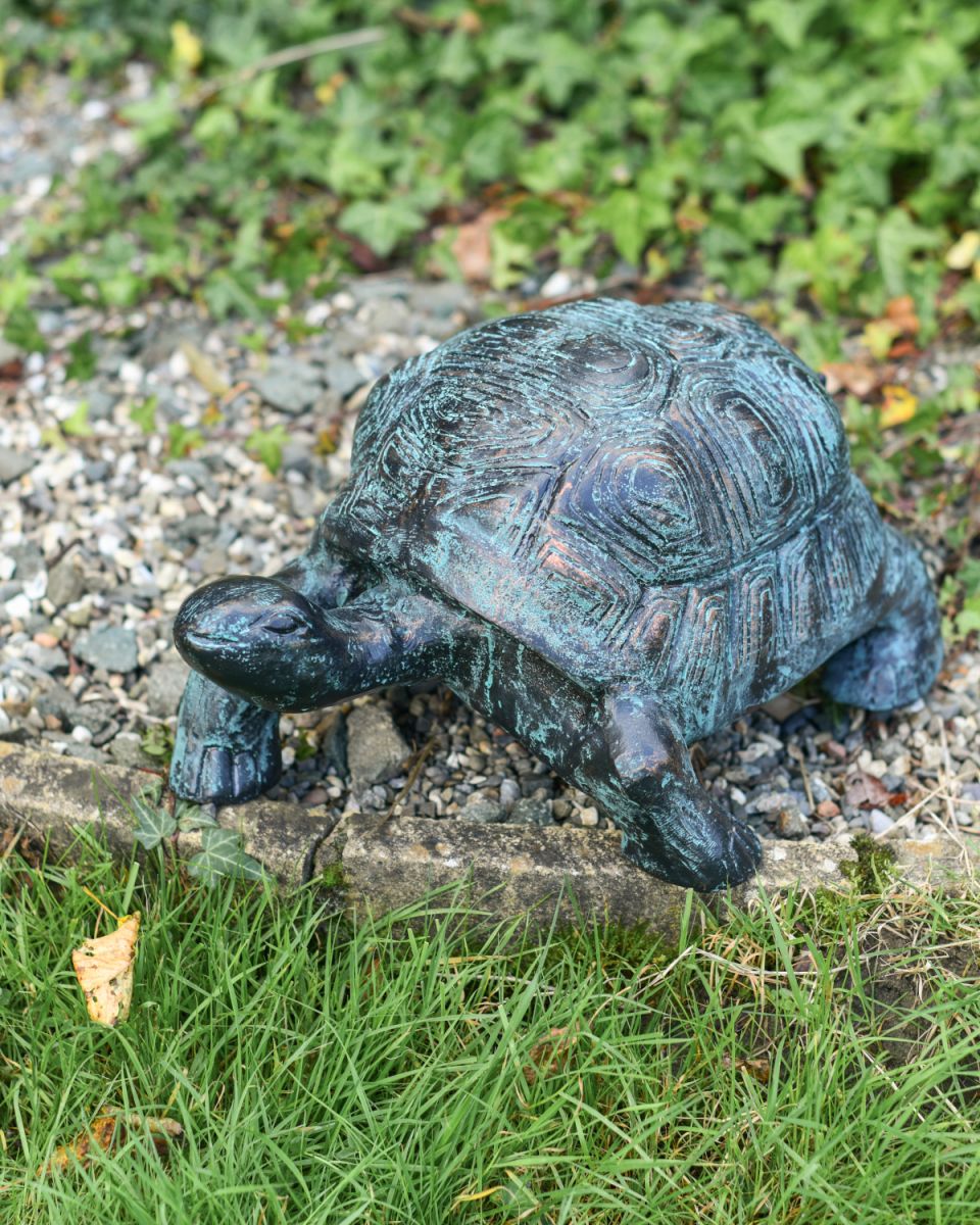 Verdigris tortoise garden sculpture