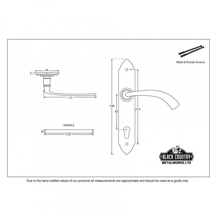 "Verona" Gothic Curved Espagnolette Lock Set Dimensions