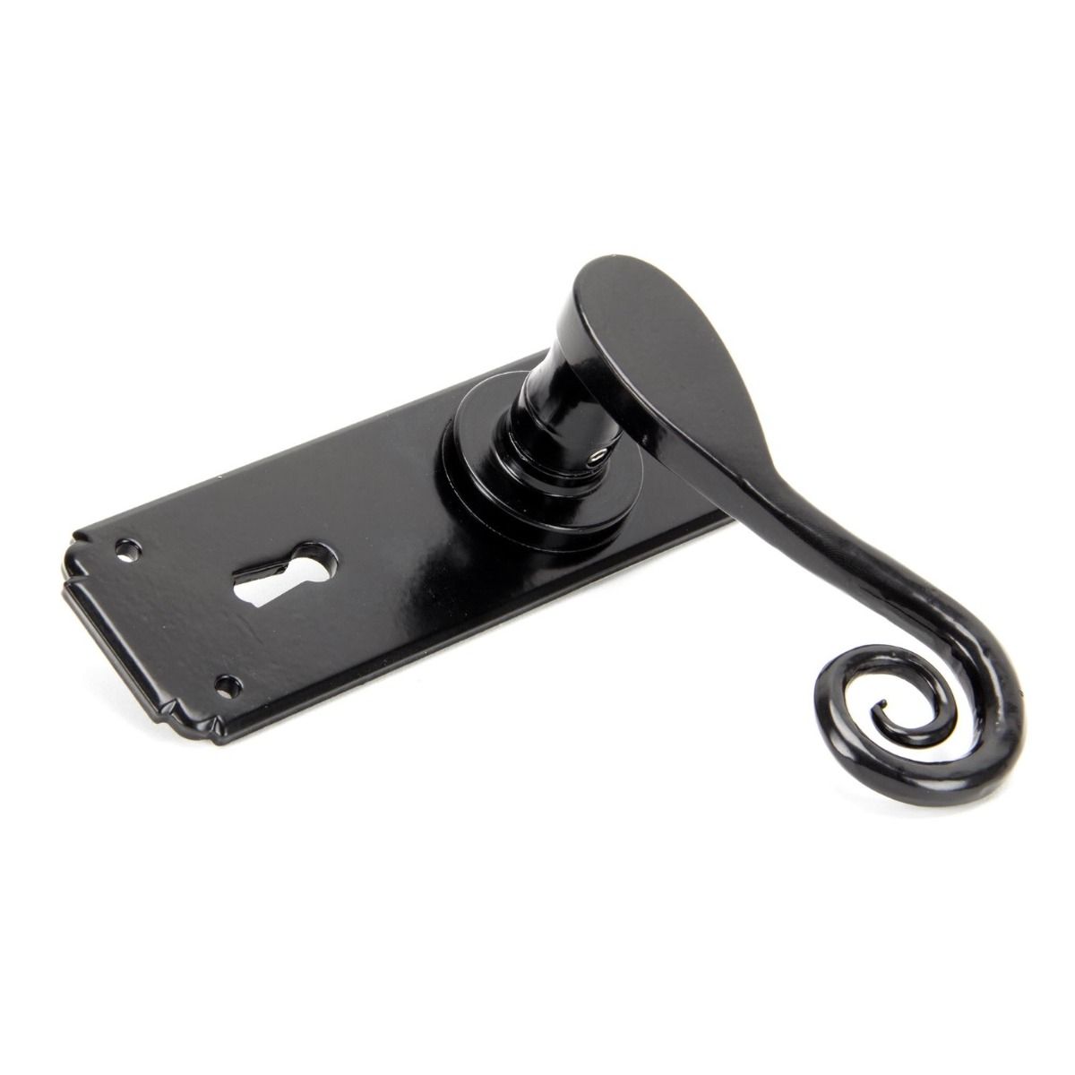 Ververt Black Monkey Tail Lever Handle Set With Key Hole laying on its Side on a White Background 
