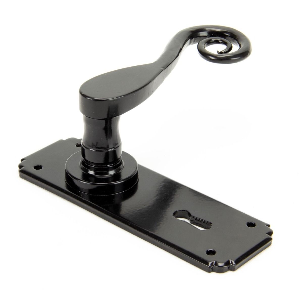 Ververt Black Monkey Tail Lever Handle Set With Key Hole Shown at an Angle on a White Background 