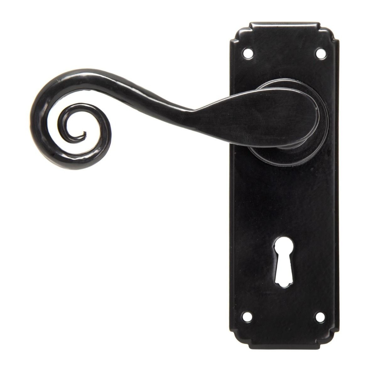 Ververt Black Monkey Tail Lever Handle Set With Key Hole Shown with the Handle on the Left Side