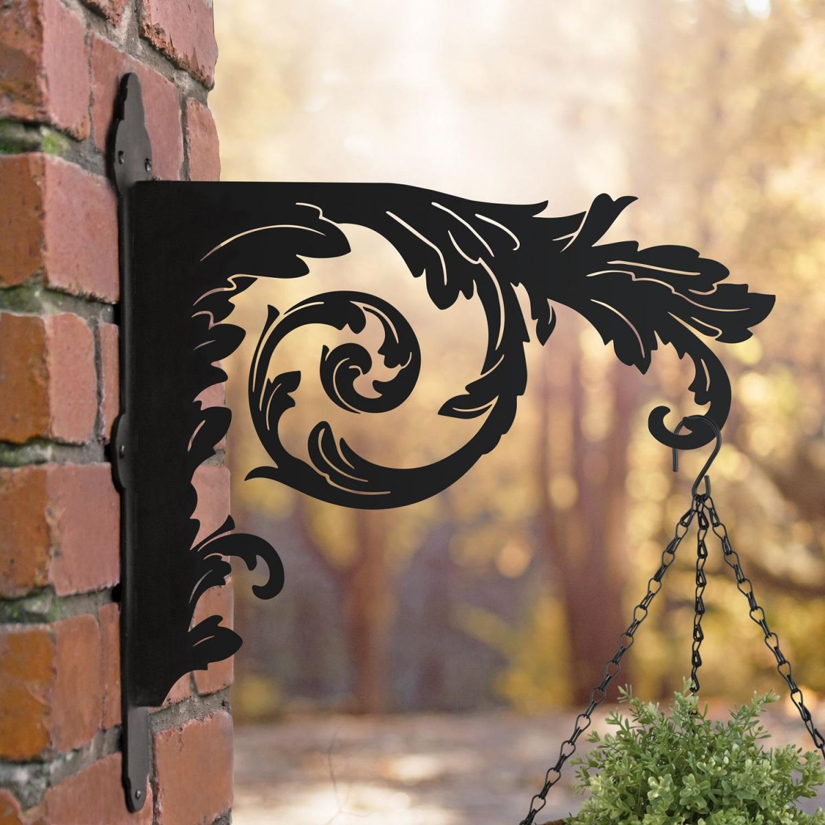 Baroque Ornate Hanging Basket Bracket Mounted onto a Brick Wall 