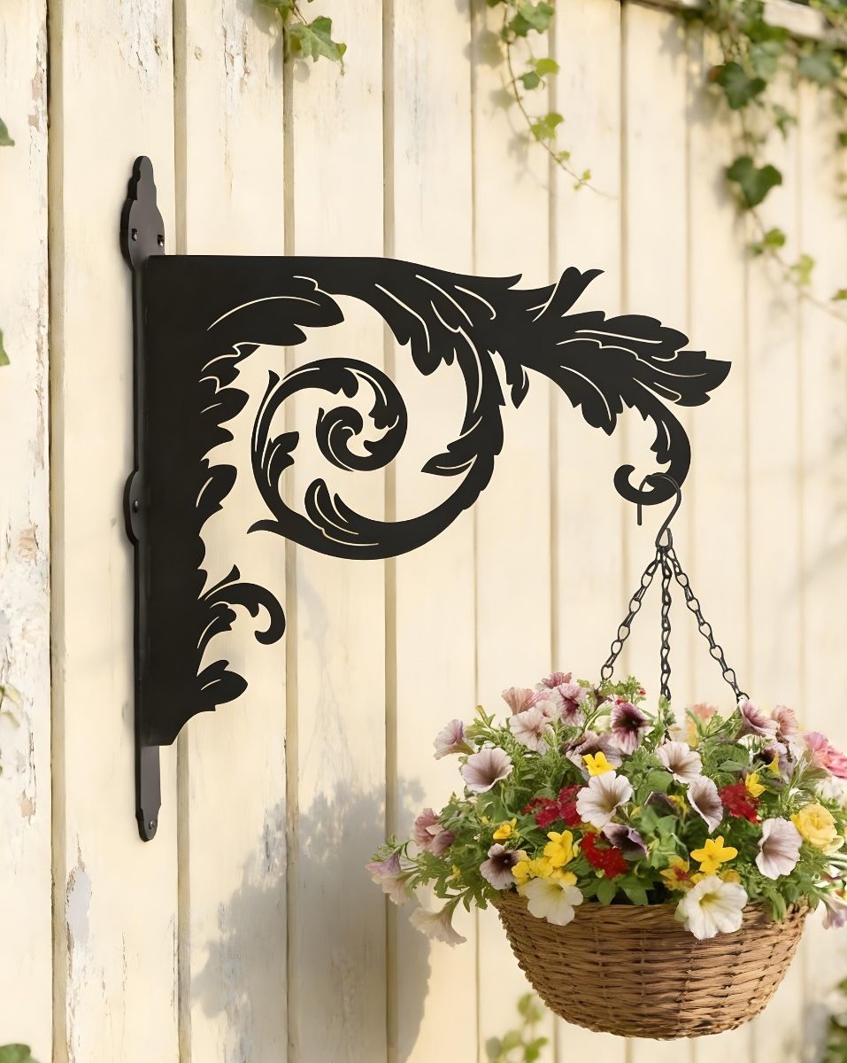 Digital Illustration of the Baroque Ornate Hanging Basket Bracket Mounted on a Cream Fence