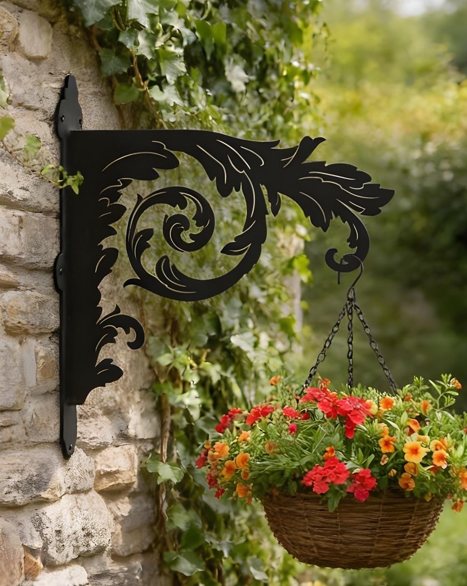 Digital Illustration of the Baroque Ornate Hanging Basket Bracket Mounted on a Stone Wall