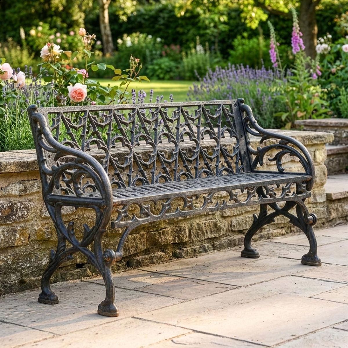 Victorian Cast Iron Two Seat Bench in an Aged Black Finish Digital Illustration