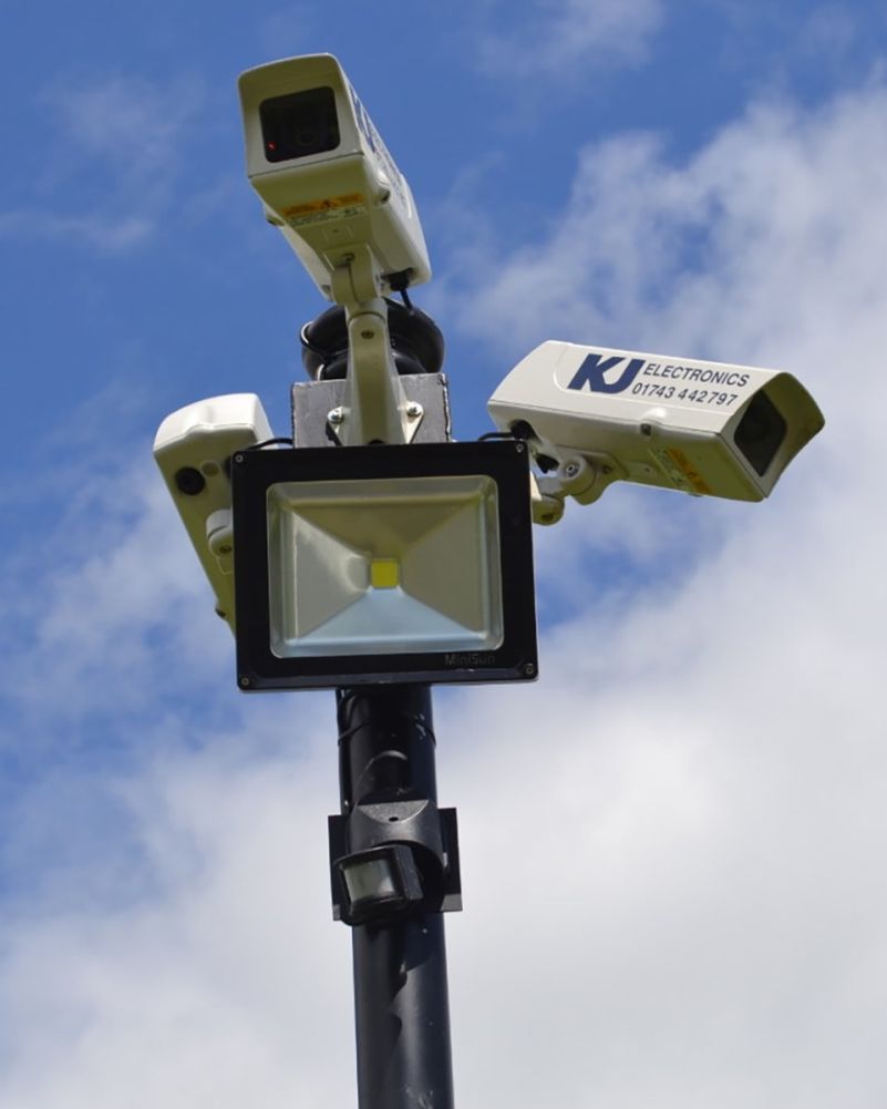 CCTV Column and Camera Bracket in Victorian Finish close up of cctv cameras and motion activated light