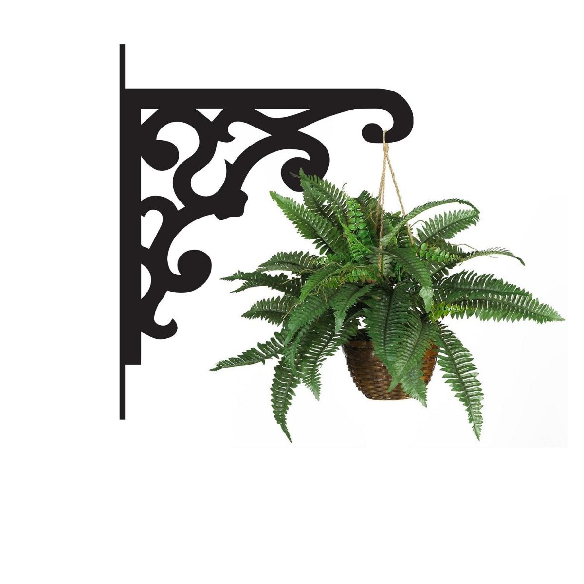 Victorian Gingerbread Style Hanging Basket Bracket holding a Flower Basket