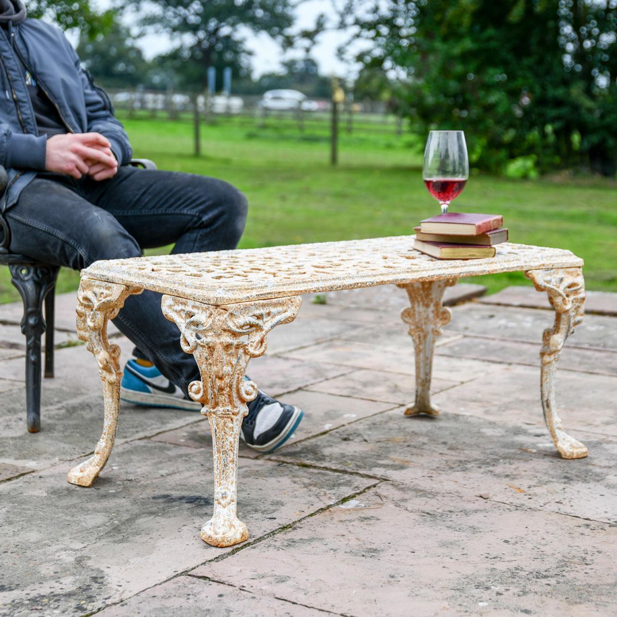 Victorian Rustic Cream Cast Iron Garden Coffee Table to Scale