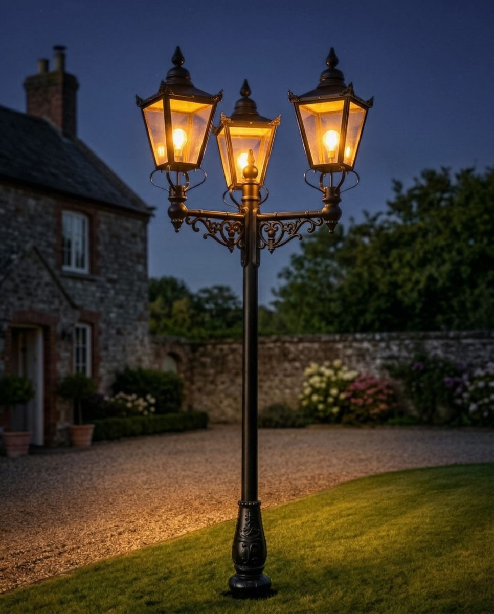 Victorian Triple Headed Lamp Post Set digital illustration at night