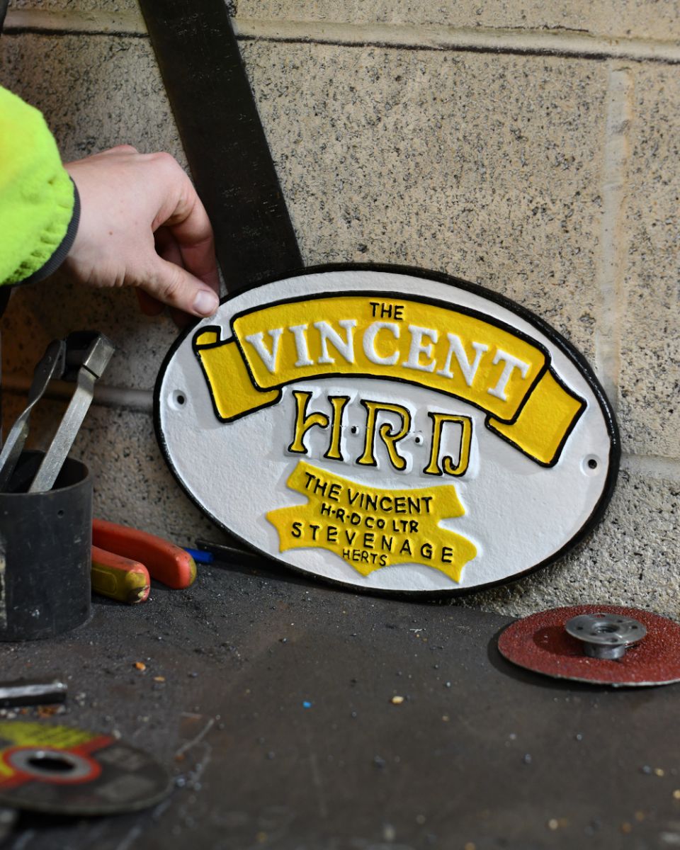 Scale image of "Vincent Motorcycles" Cast Iron Automobilia Reproduction Sign  Scale image of "Vincent Motorcycles" Cast Iron Automobilia Reproduction Sign