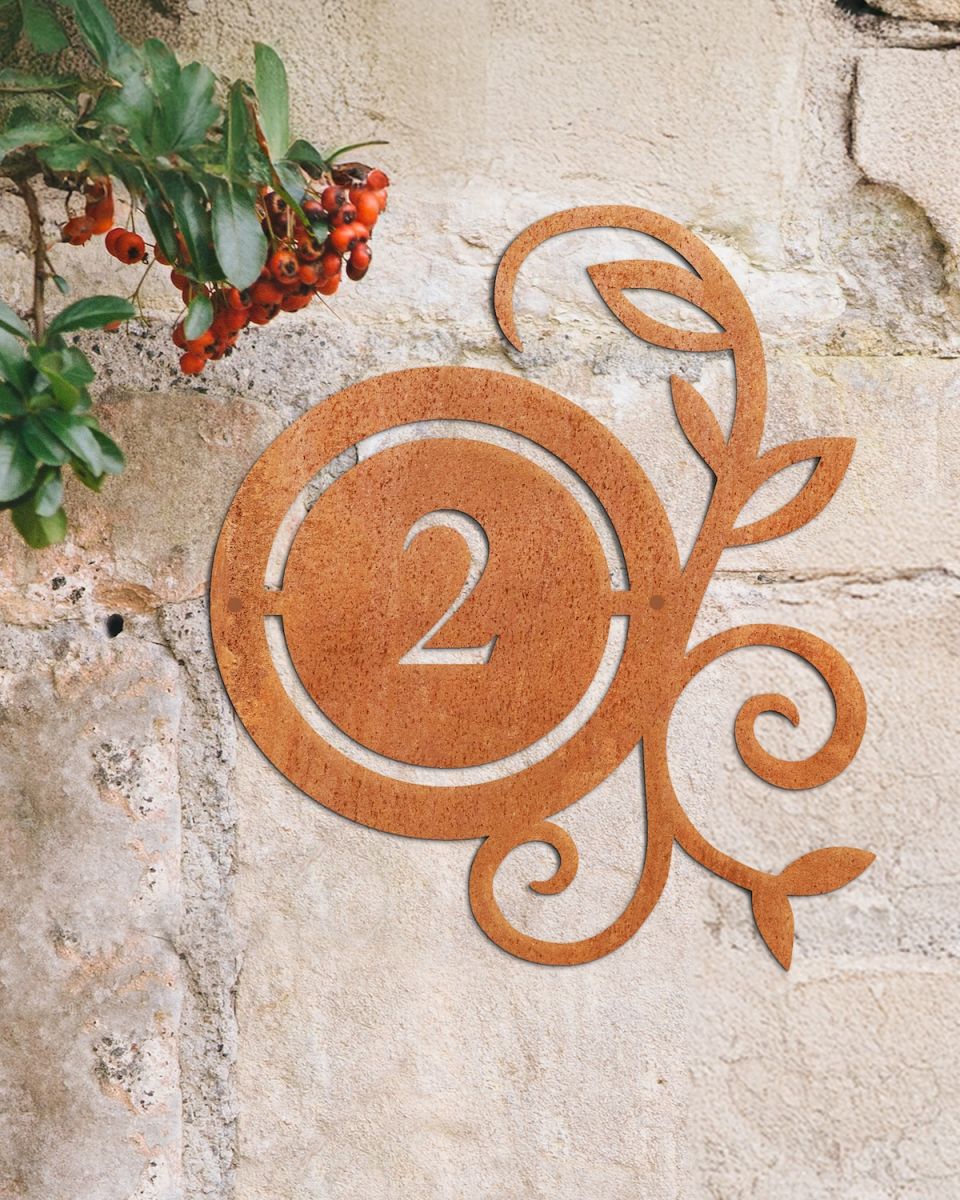 Customisable corten steel floral house number sign