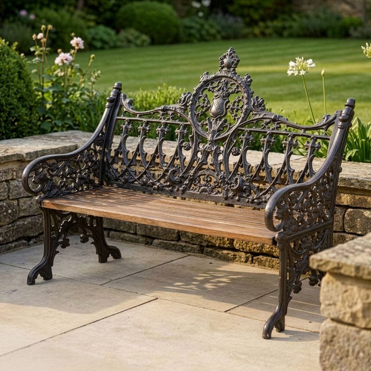 Vintage Victorian Cast Iron & Wood Bench in a Rustic Finish Digital Illustration