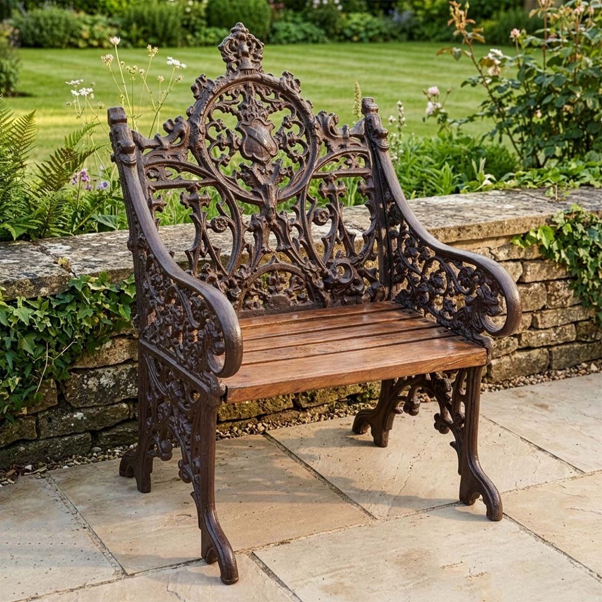 Vintage Victorian Rustic Cast Iron & Wood One Seat Bench in a Rustic Finish Digital Illustration
