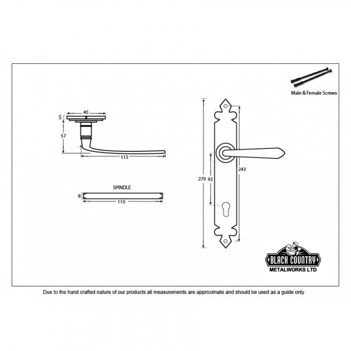 "Vittoria" Unsprung Tudor Espagnolette Lever Set Dimensions