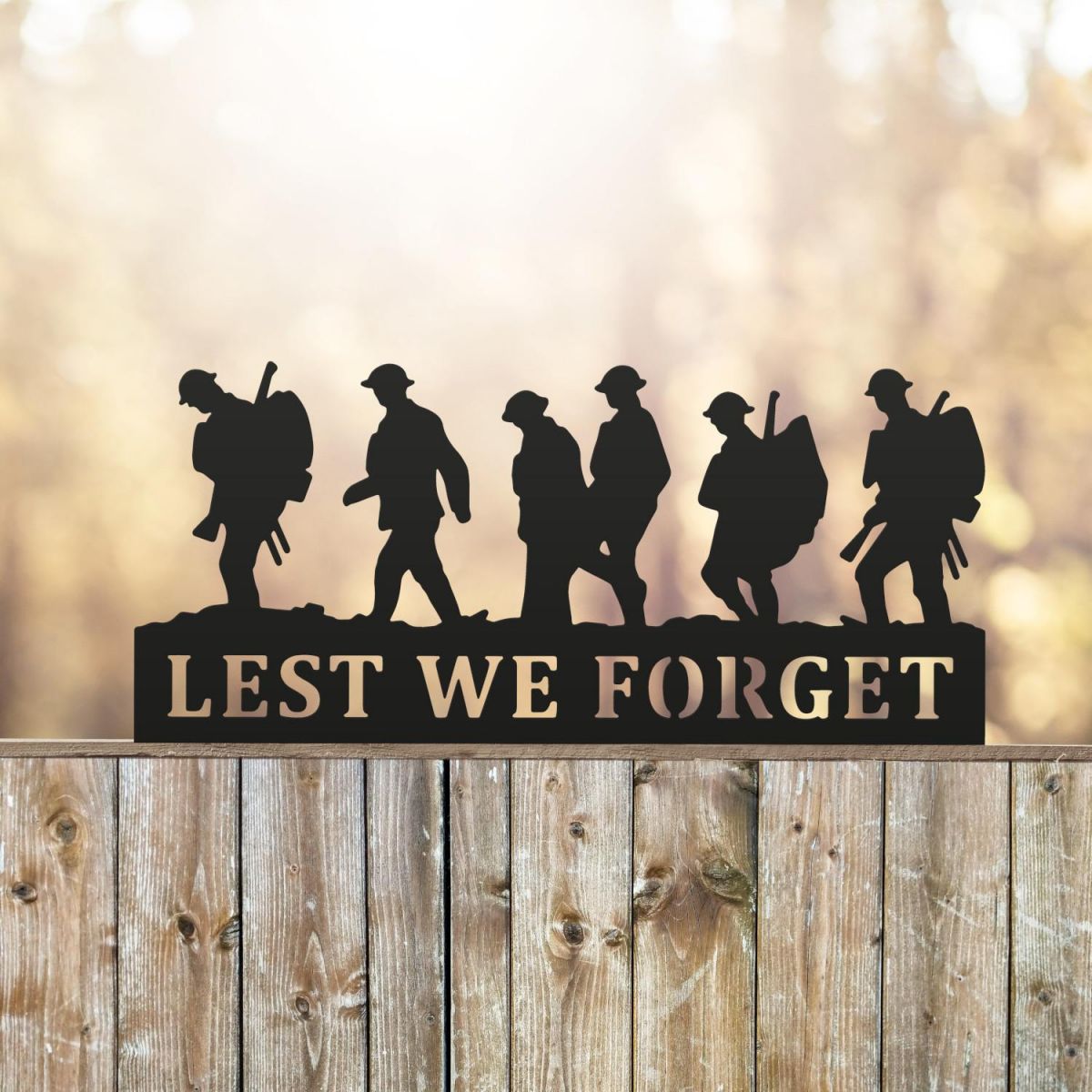 Black Memorial Fence Topper with Walking Soldiers "Lest We Forget" Topper